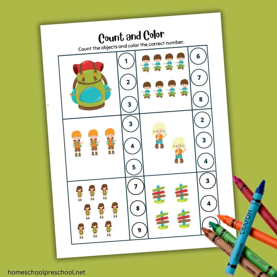 kids camping counting worksheets