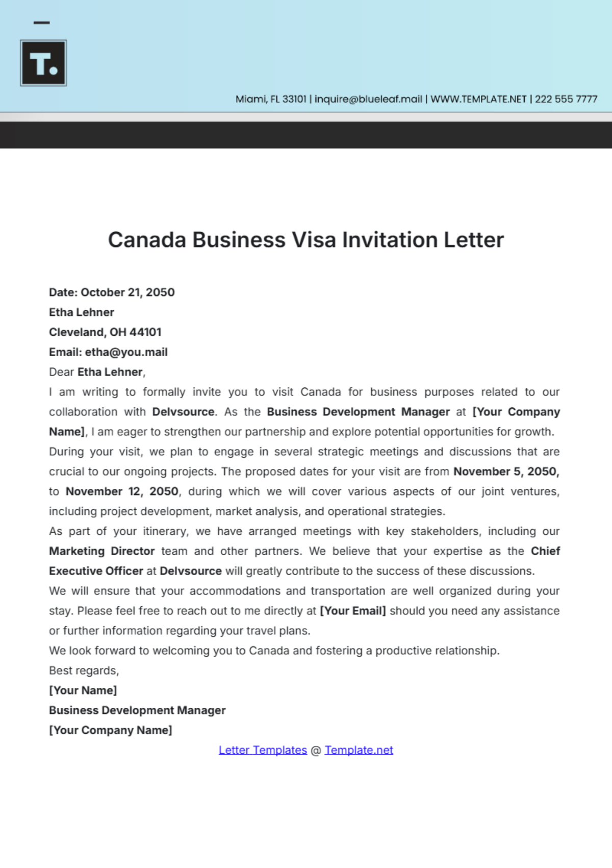 Free Canada Business Visa Invitation Letter Template To Edit Online
