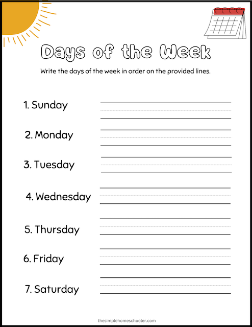 Free Days Of The Week Worksheets For Kindergarten The Simple 