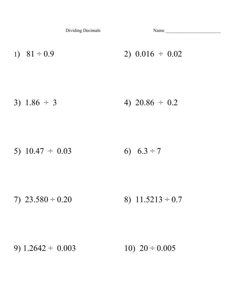 dividing with decimals worksheet