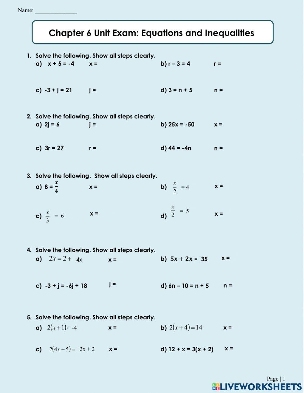 equations and inequalities worksheet