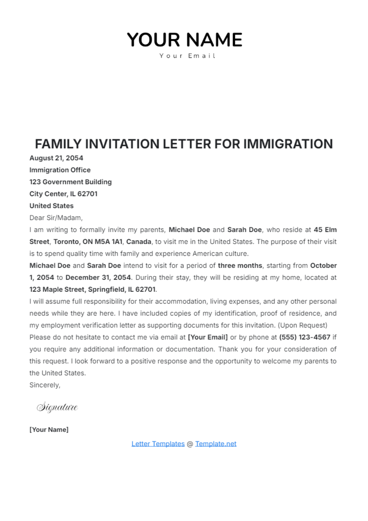 immigration letter of invitation template