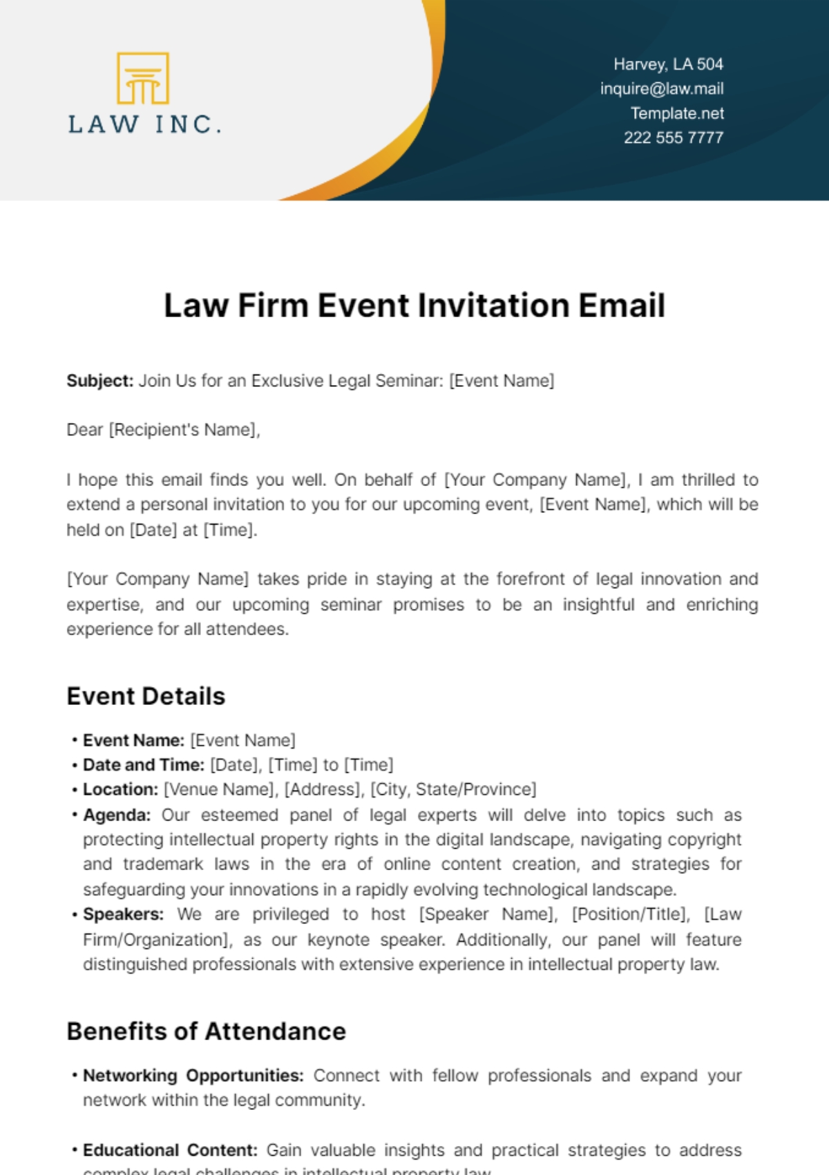 Free Law Firm Event Invitation Email Template To Edit Online