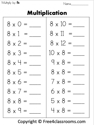 Free Multiplication Math Worksheet Multiply By 8s Free4Classrooms