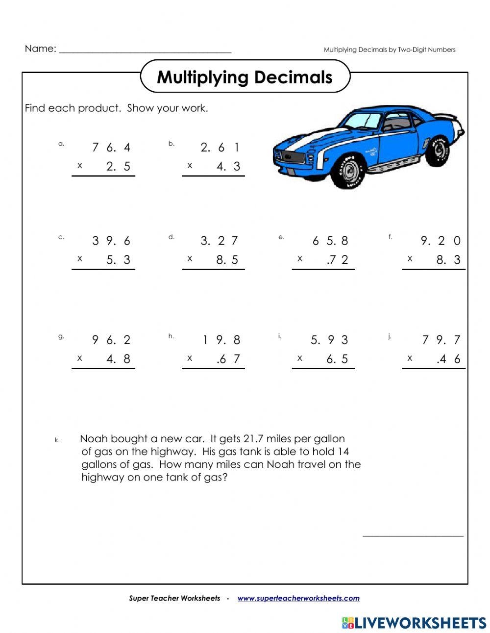 multiplying a decimal by a decimal worksheet