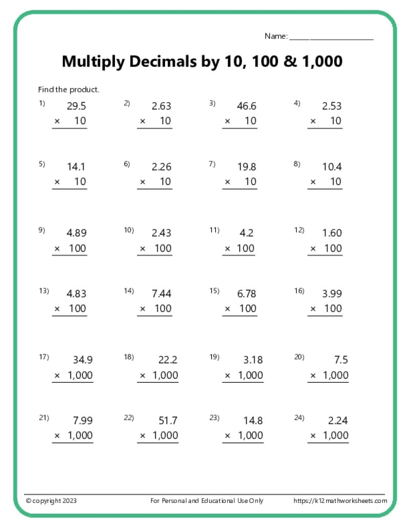 Free Multiplying Decimal By Decimal Worksheet Download Free 