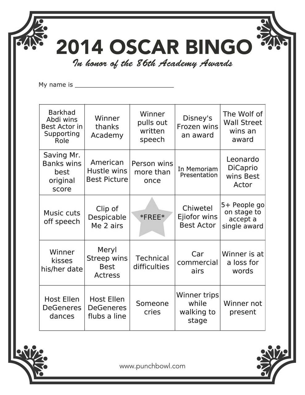 Free Printable 2020 Oscars Bingo Cards Play Party Plan Printable 