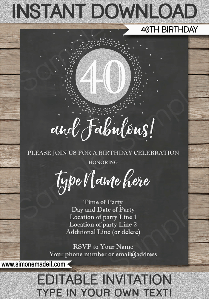 Free Printable 40th Birthday Party Invitation Templates Chalkboard 40th 