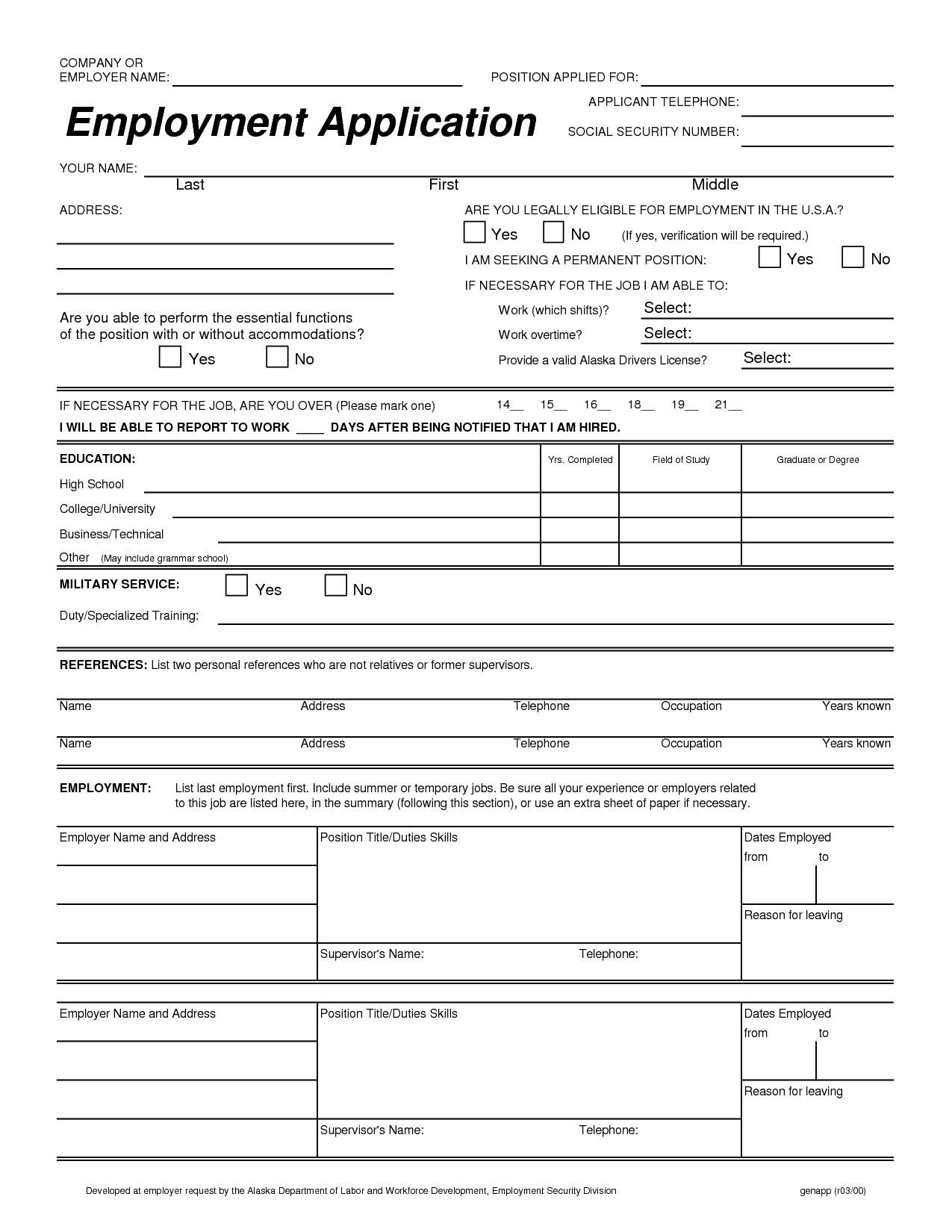 free printable job application template