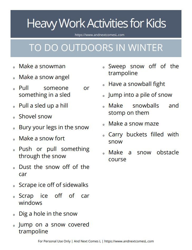 Free Printable List Of Outdoor Winter Heavy Work Activities For Kids 