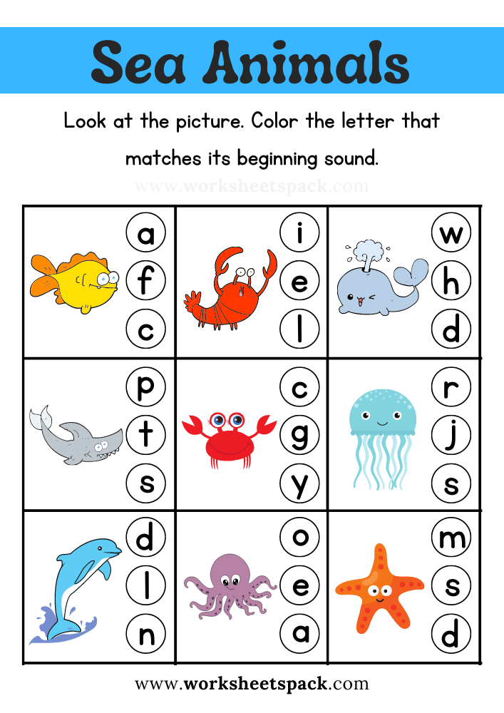 Free Sea Animal Beginning Sound Worksheet Printable For Kids