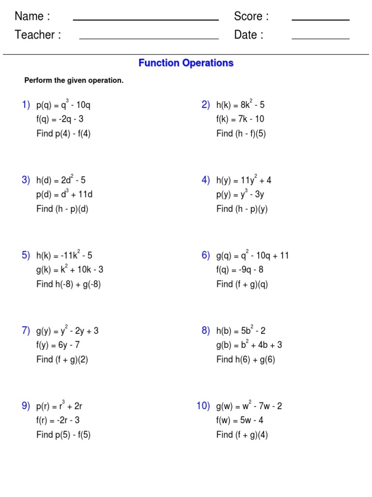 Function Operations Math Worksheet PDF Worksheets Library