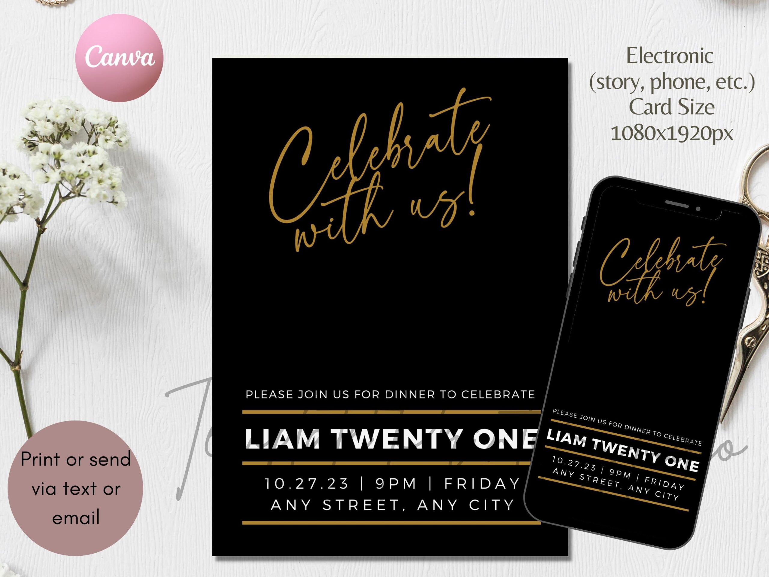 Gold Black Party Invitation Template Editable Text Message Invitation 