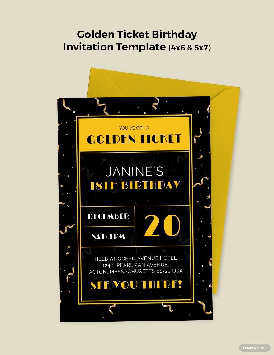 Golden Ticket Birthday Invitation Template In Illustrator PSD Word 