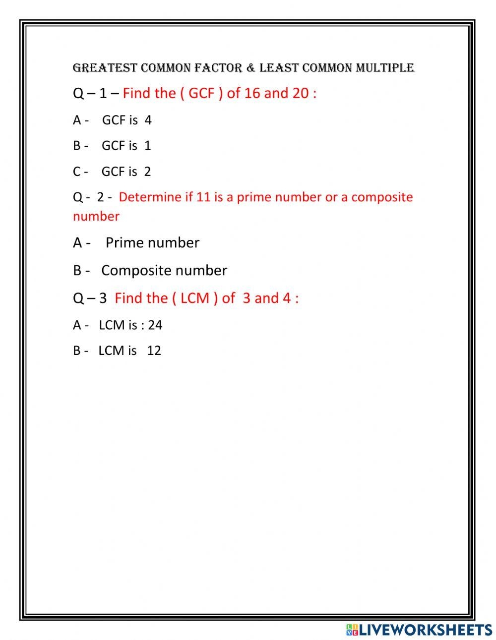 Greatest Common Factor least Common Multiple Worksheet Live