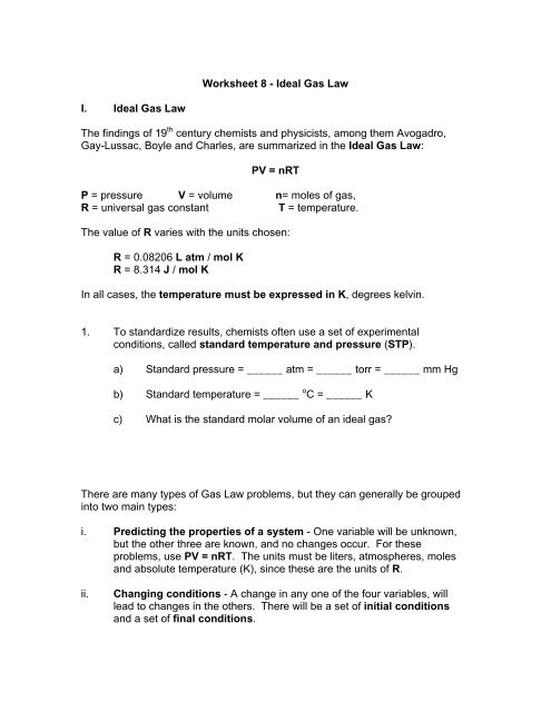 Ideal Gas Equation Worksheet