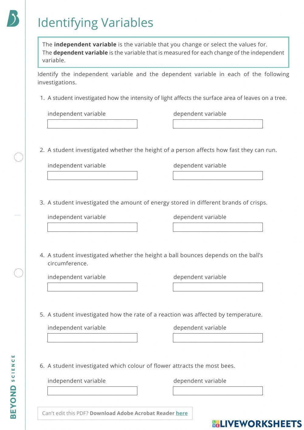 Identifying Variables Interactive Worksheet Live Worksheets