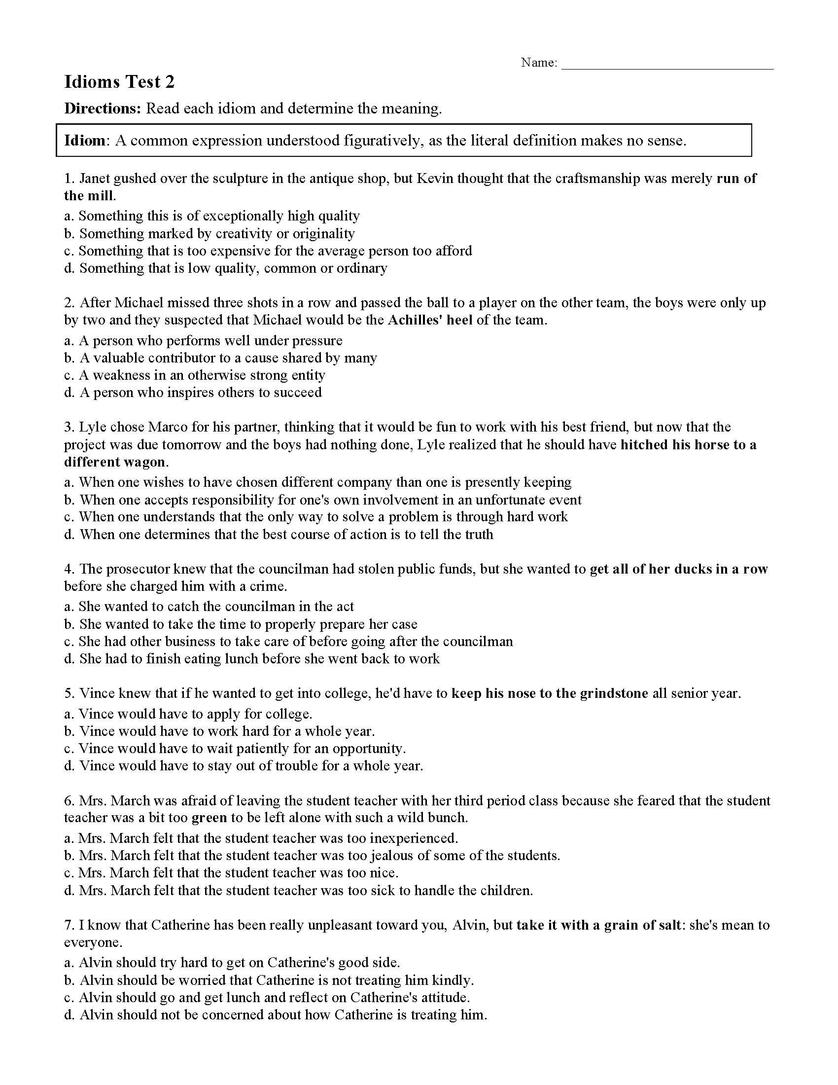 Idioms Test 2 Preview