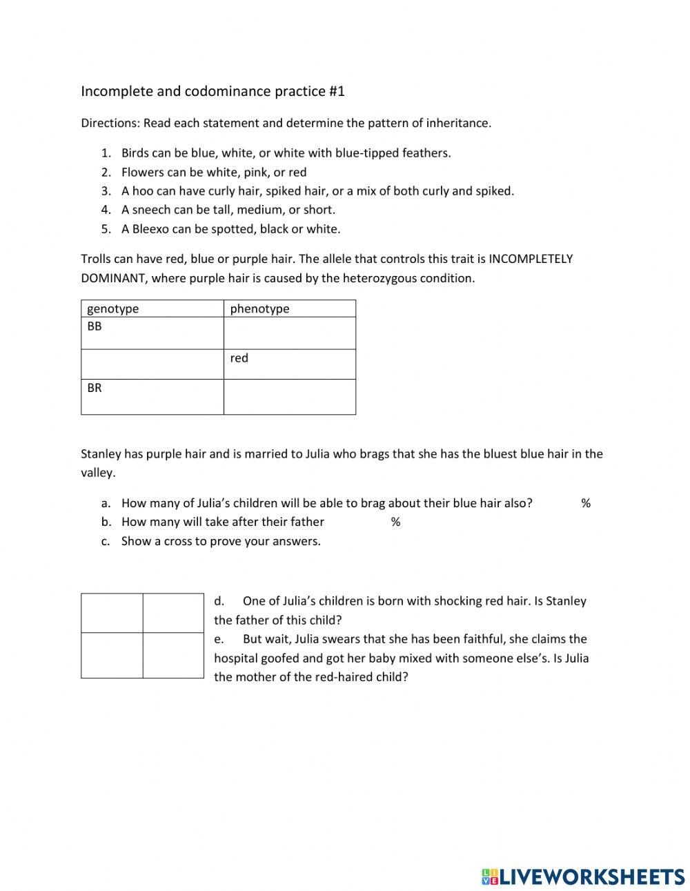 Incomplete And Codominance 1 Worksheet Live Worksheets Worksheets 