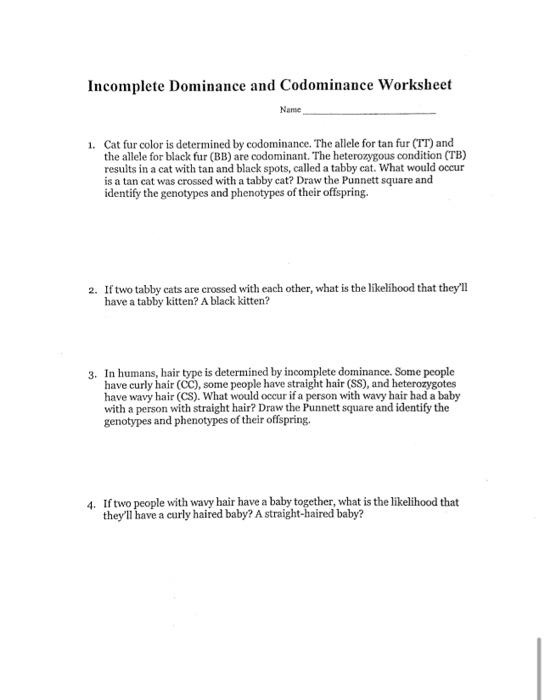 incomplete and codominance worksheet