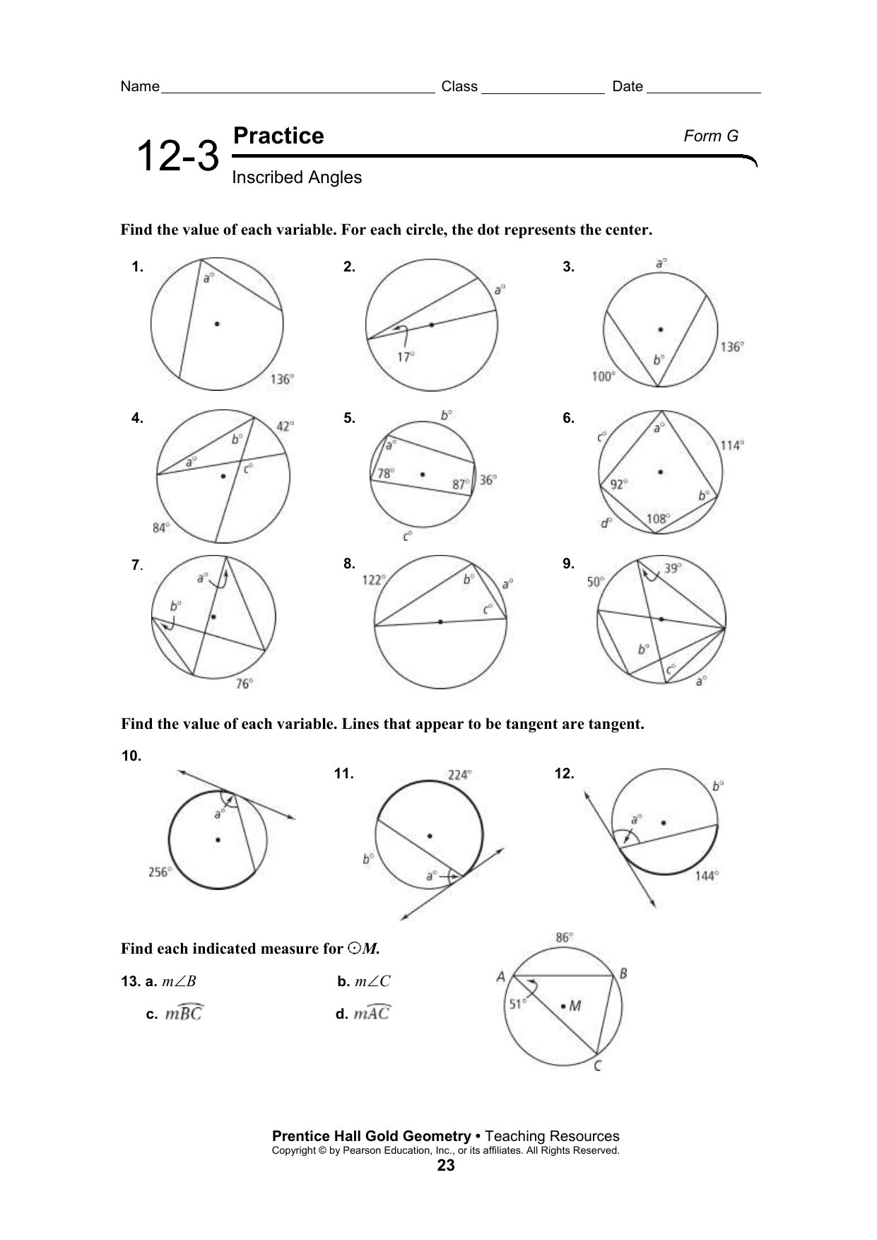 inscribed angles worksheet