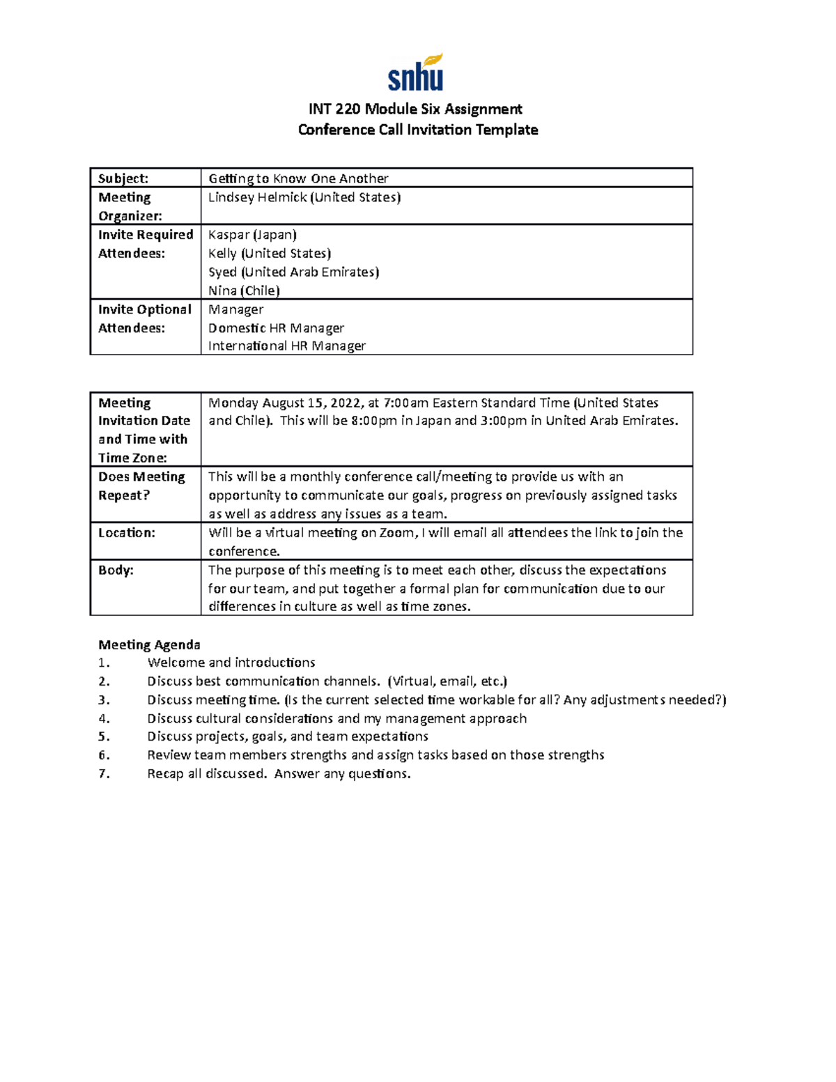 int 220 module six assignment conference call invitation template