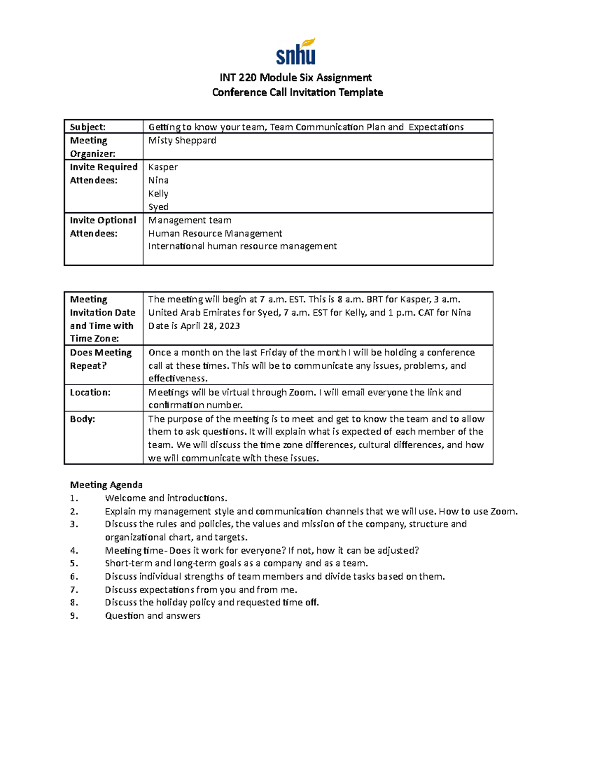 INT 220 Module 6 1 Assignment Conference Call Invitation INT 220 