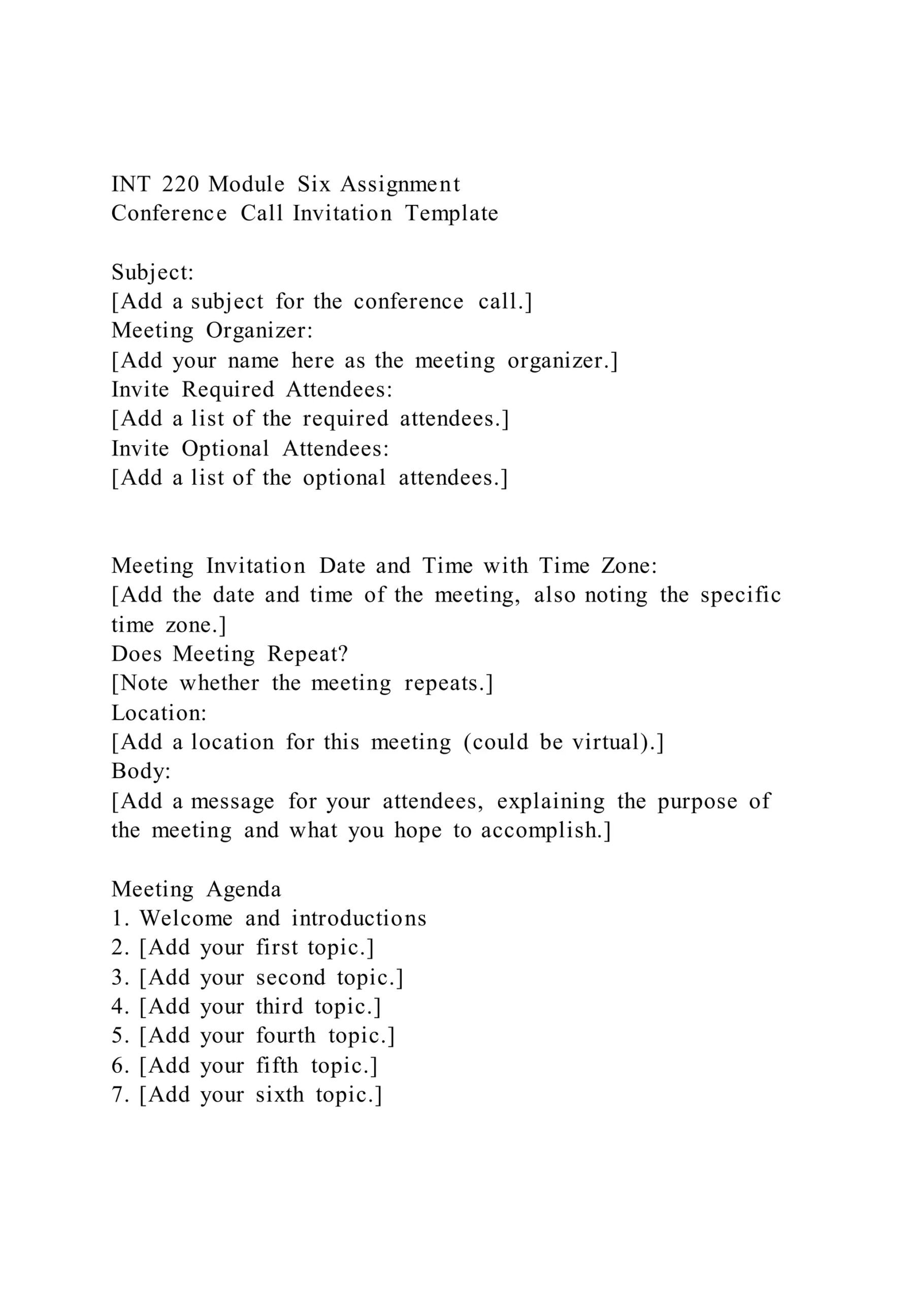Int 220 Module Six Assignment Conference Call Invitation Templat PDF
