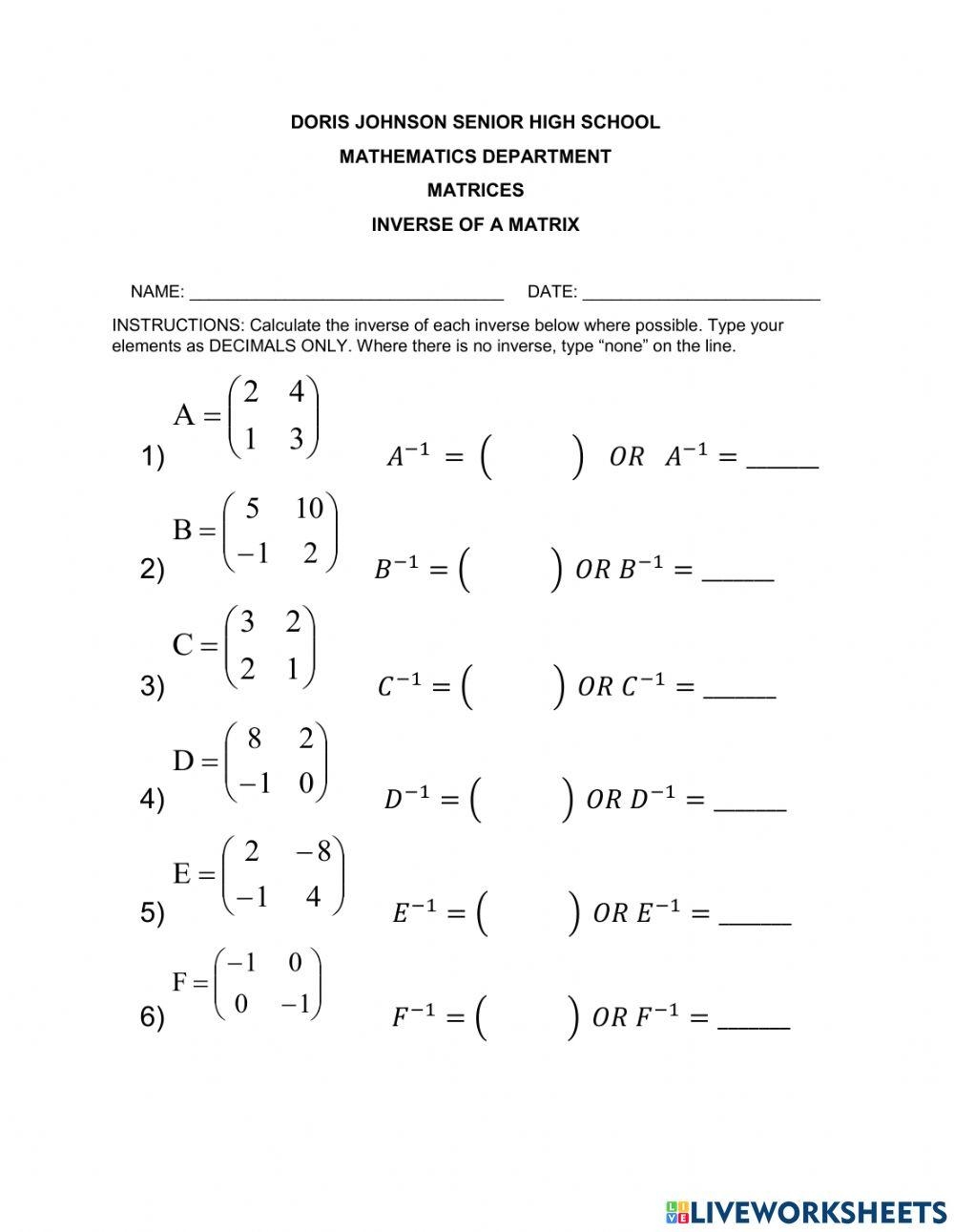 inverse worksheet