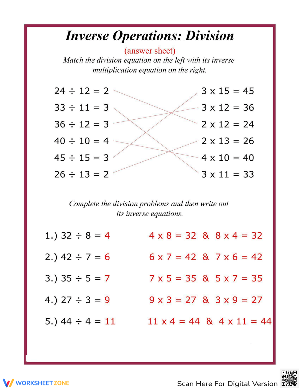 Inverse Operations Division Worksheet Worksheets Library
