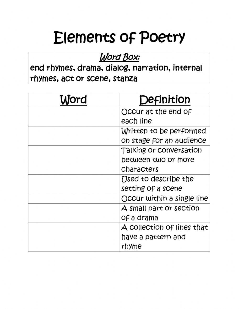 poetry worksheets
