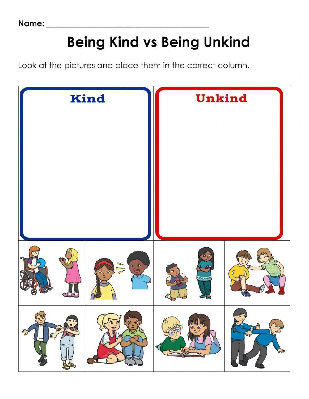 Kindness Vs Unkindness Sorting Worksheet Live Worksheets Worksheets 