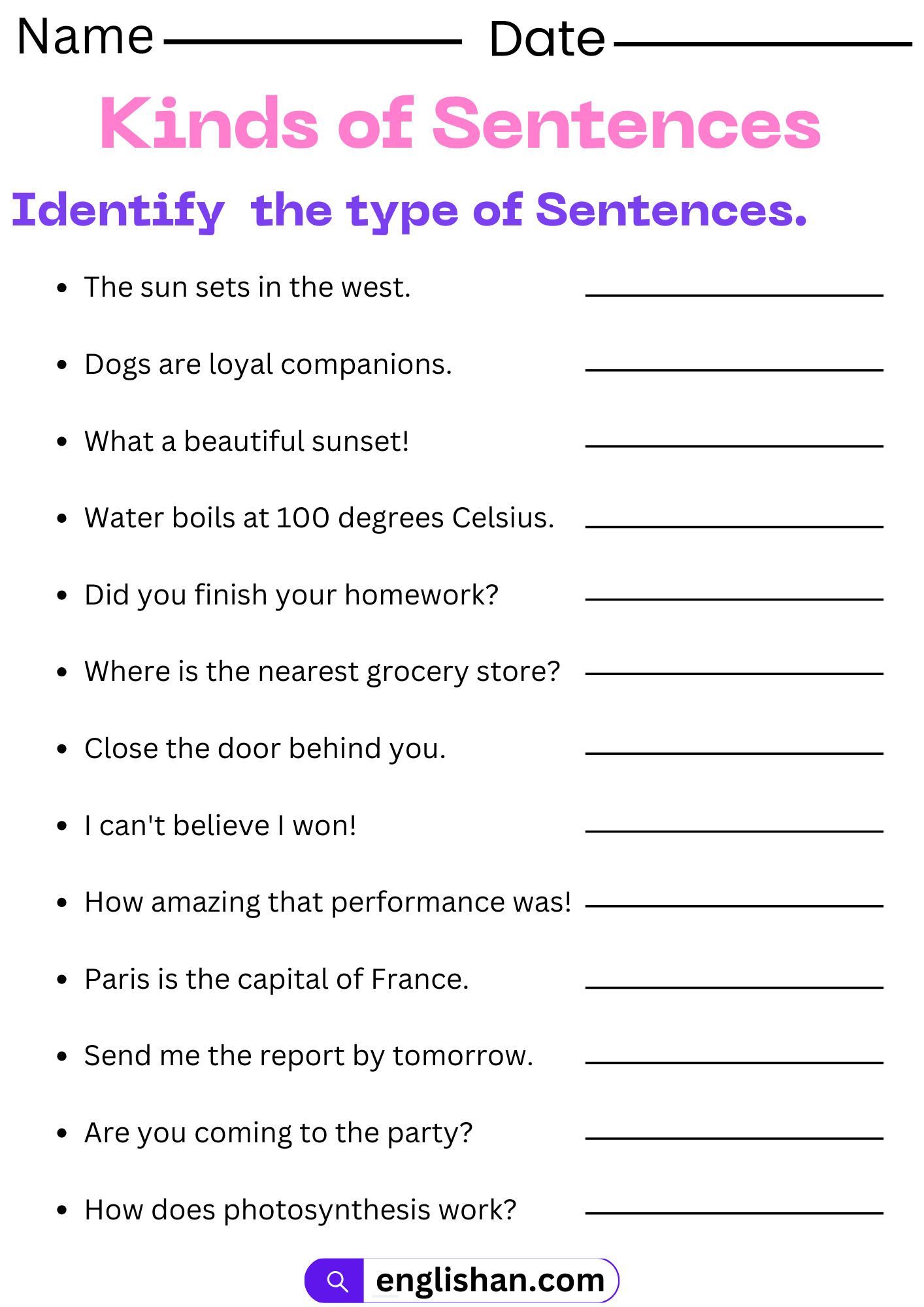 Kinds Of Sentences Worksheets And Exercises With Answers Worksheets 