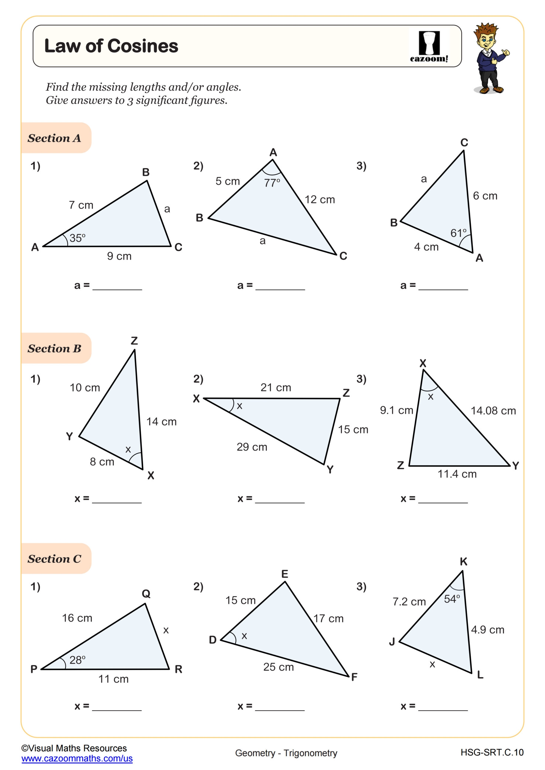 law of sines and cosines worksheet