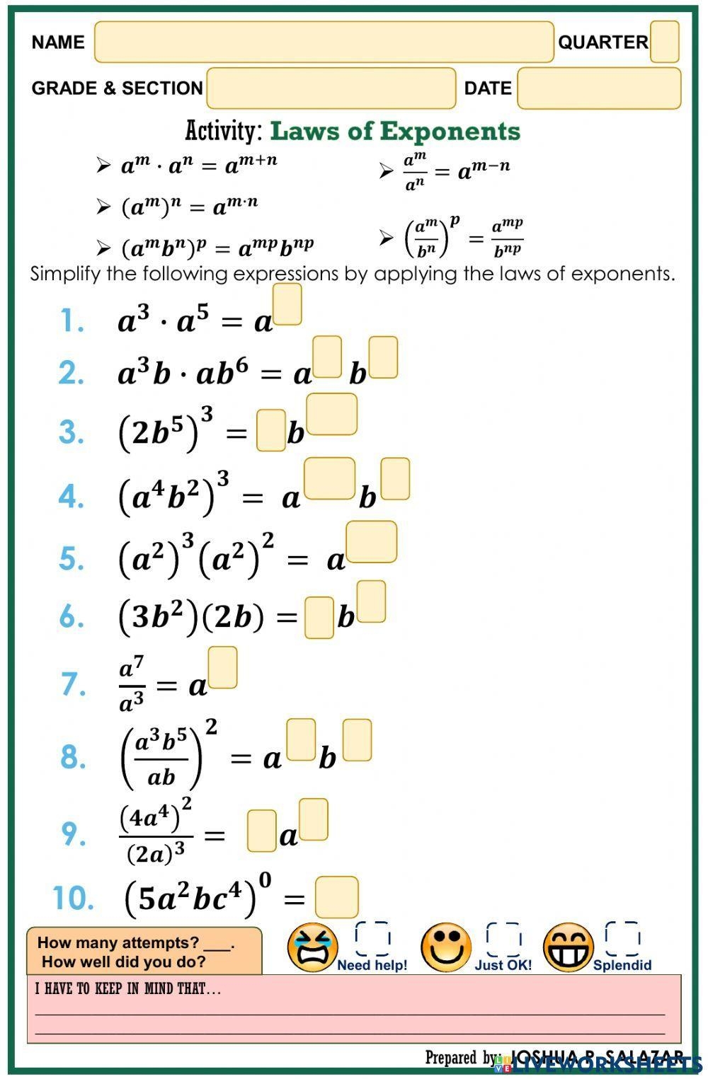 Laws Of Exponents Jsalazar15 Live Worksheets Worksheets Library