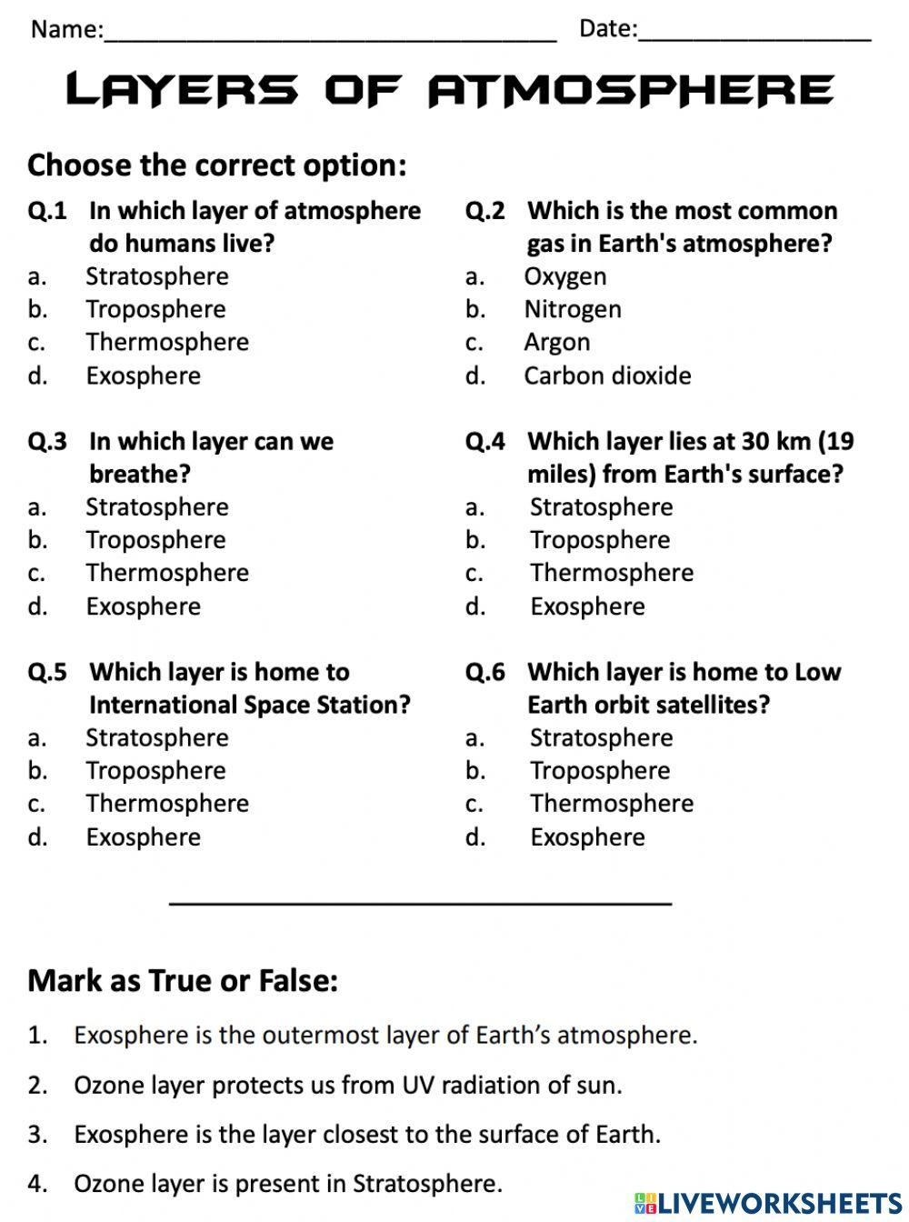 layers of the atmosphere worksheet
