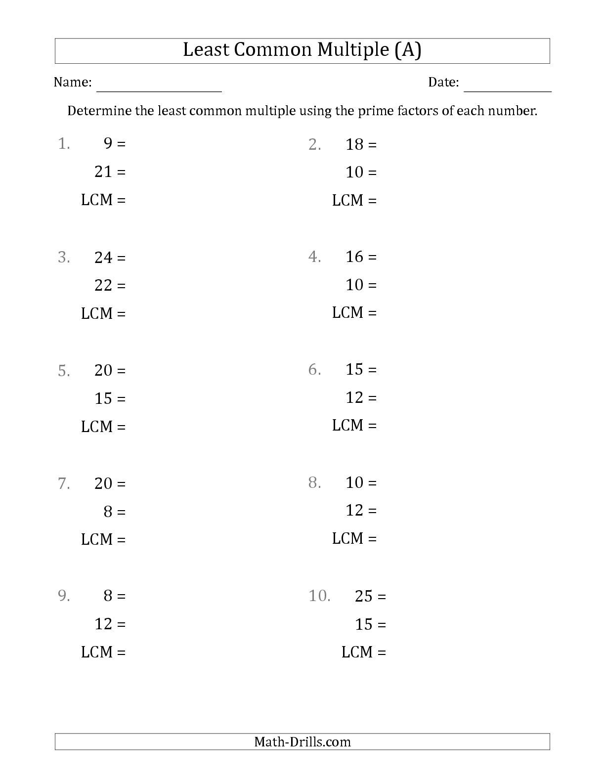Least Common Factor Worksheet