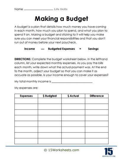 life skills worksheet