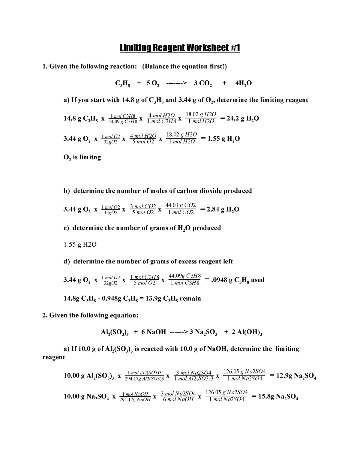 Limiting Reagent Worksheet Worksheet Worksheets Library