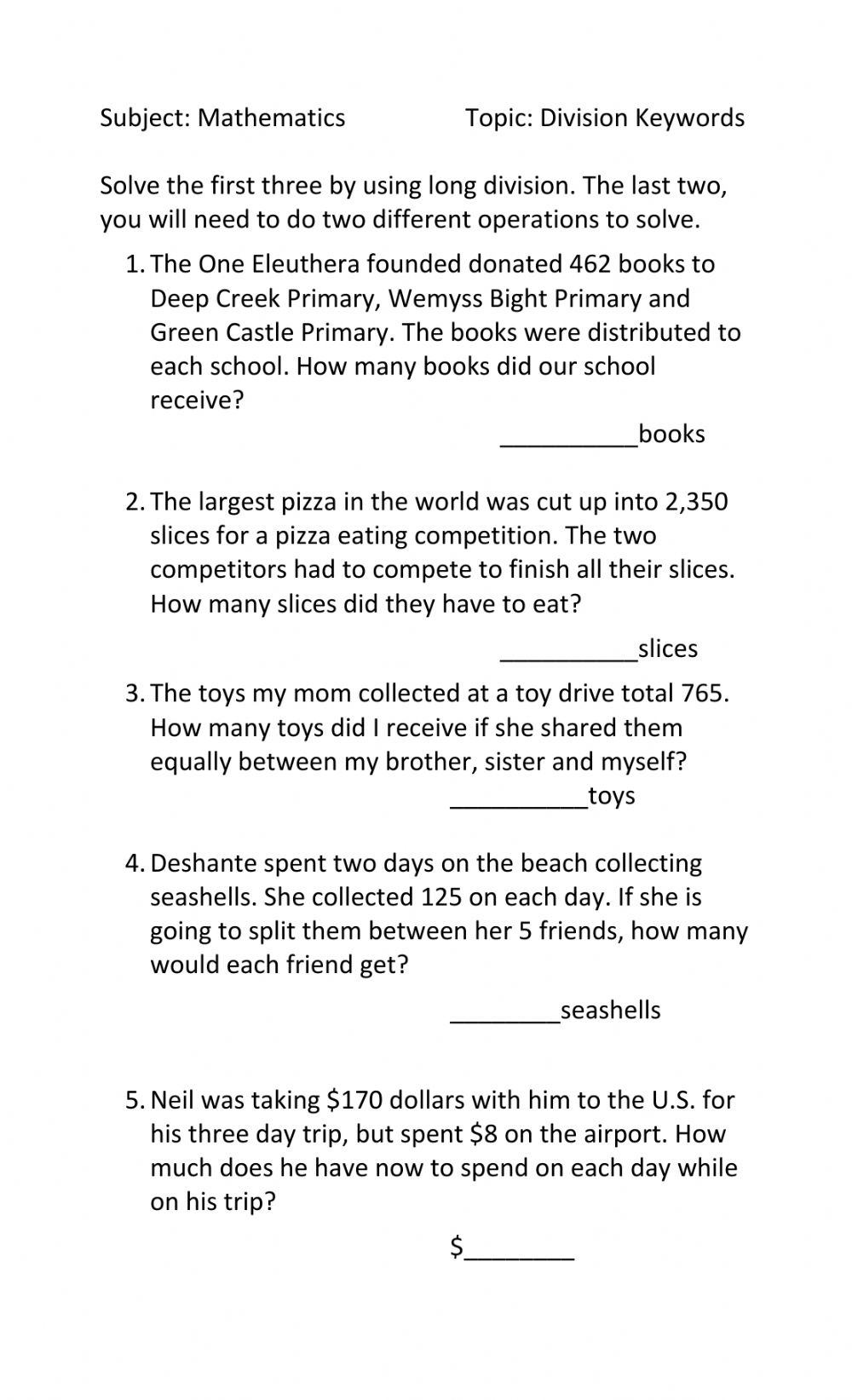 4th grade long division worksheets