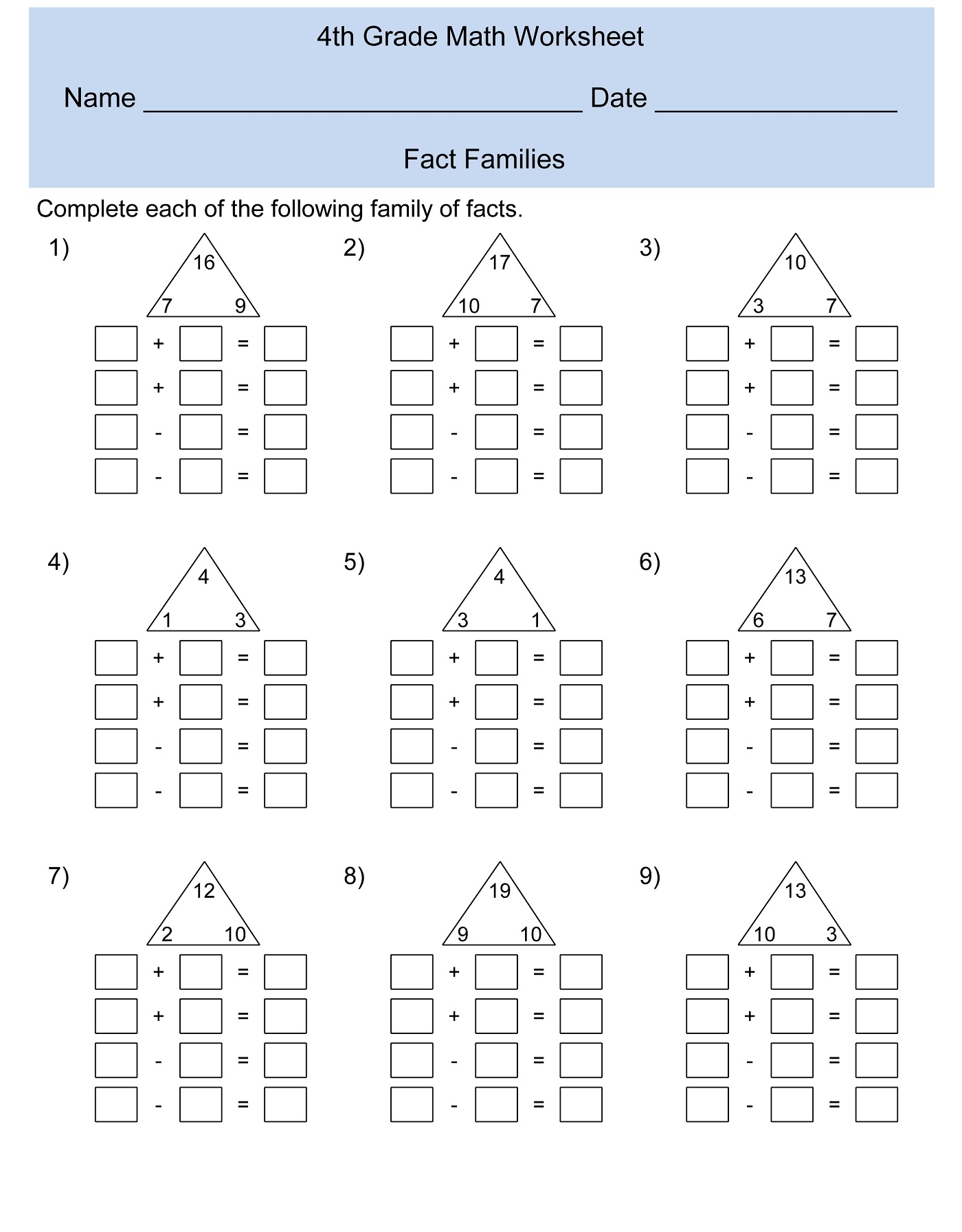 fact families worksheets