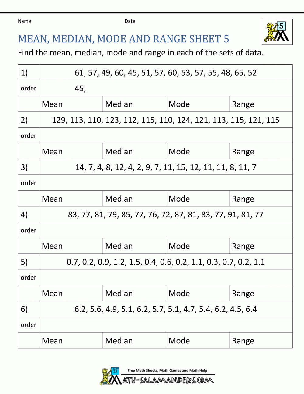 mean median and mode worksheets