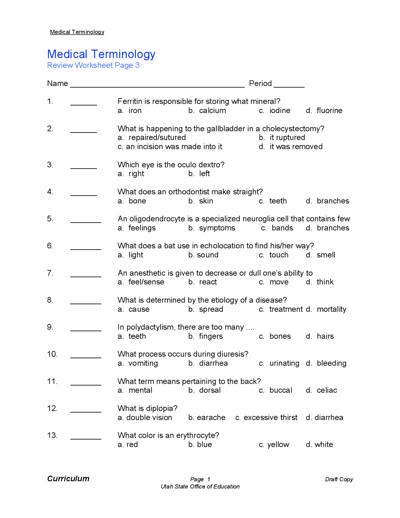 Medical Terminology Review Worksheet With Answers Exercises
