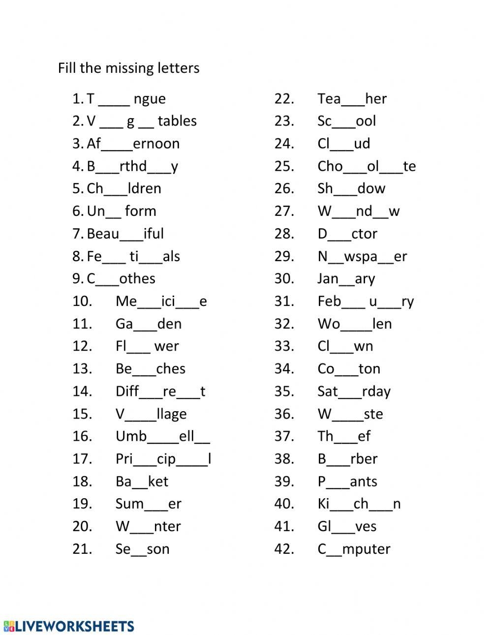 Missing Letters Interactive Worksheet Live Worksheets Worksheets 