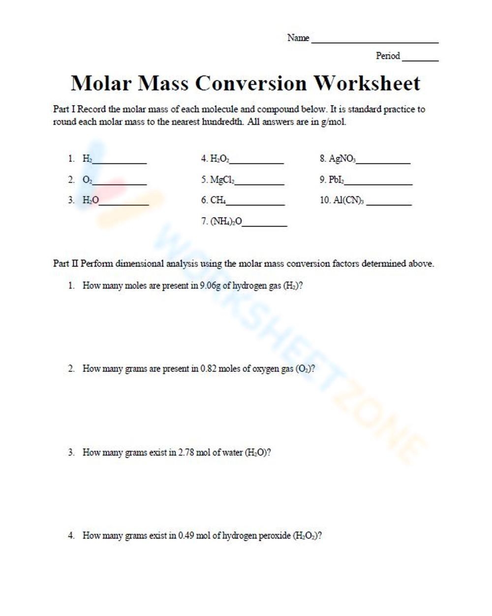 Molar Mass Conversion Worksheet Worksheet Worksheets Library