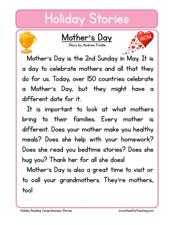 Mothers Day Reading Comprehension Worksheet Have Fun Teaching