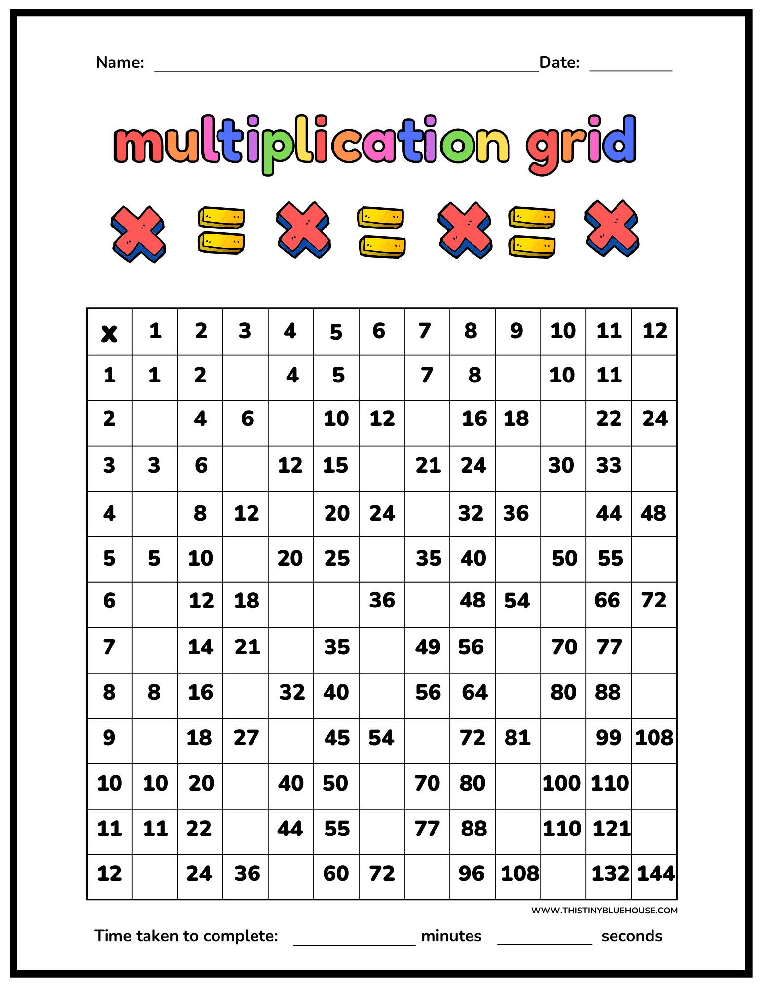 multiplication chart printable worksheet pdf free