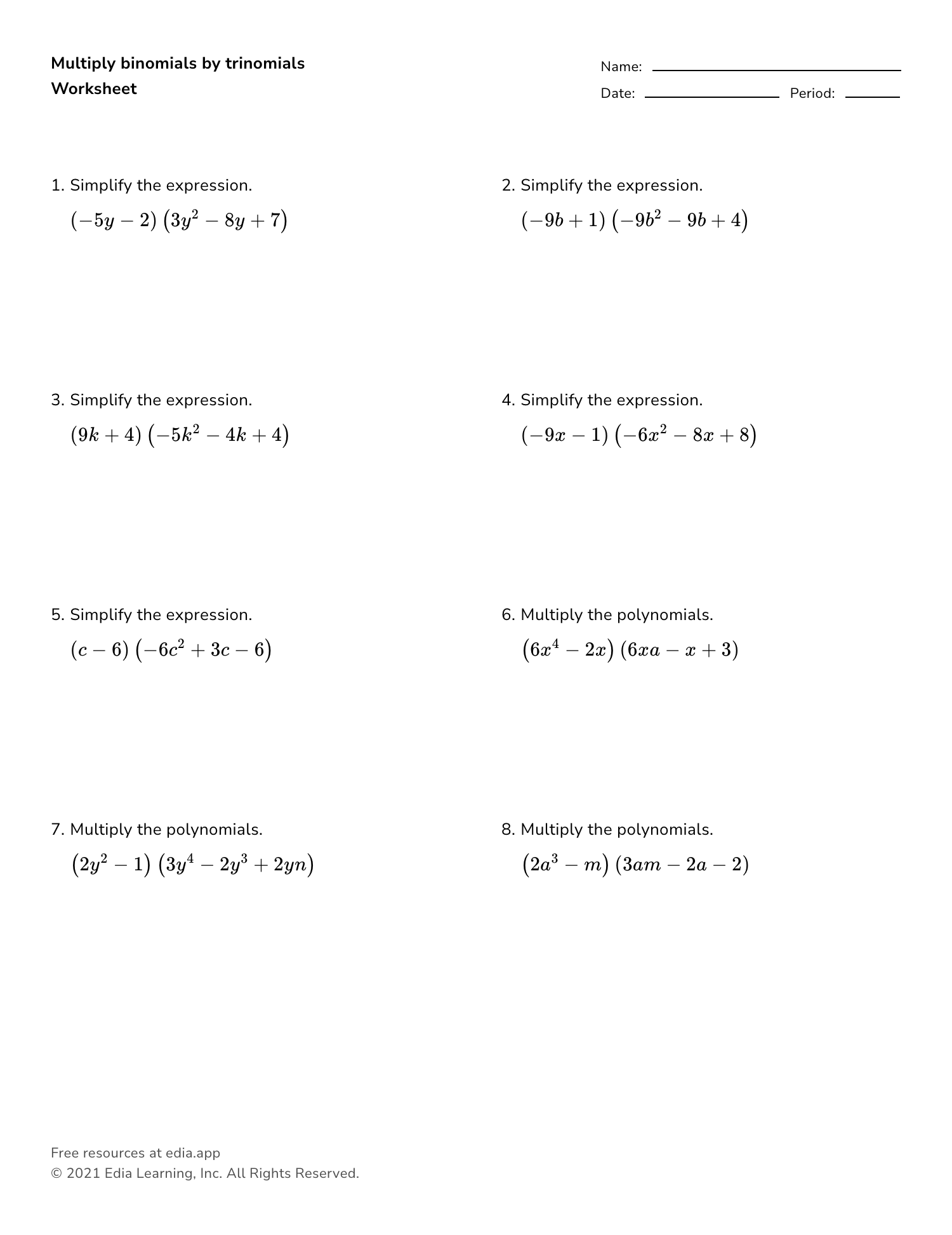 binomial multiplication worksheet
