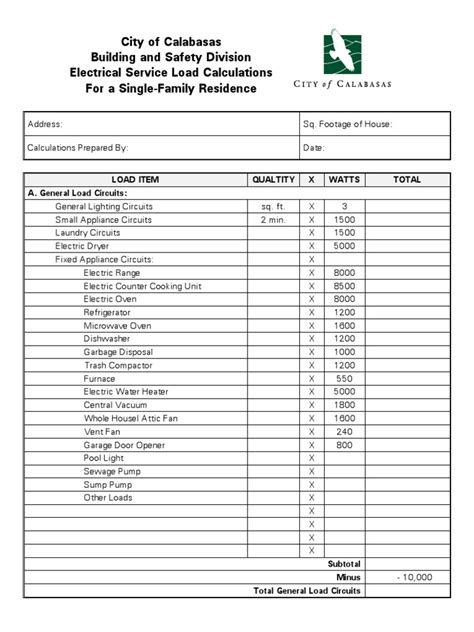 electrical load calculation worksheet
