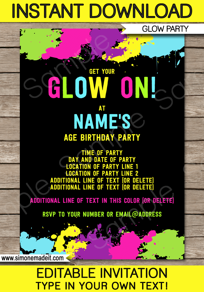 Neon Glow Party Invitations Template DIY Editable And Printable Invite